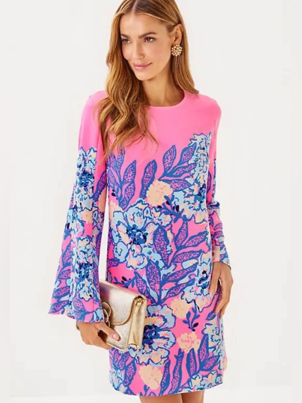 Lilly Pulitzer Gwenlyn dress in Pink Floral Long-Sleeve Tunic Dress.